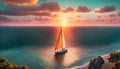 a sailboat with white sails in a calm sea off the coast of a tropical island during a bright sunset, Royalty Free Stock Photo