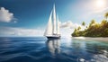 a sailboat with white sails in a calm sea off the coast of a tropical island during a bright sunset, Royalty Free Stock Photo