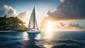 a sailboat with white sails in a calm sea off the coast of a tropical island during a bright sunset, Royalty Free Stock Photo