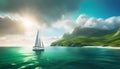 a sailboat with white sails in a calm sea off the coast of a tropical island during a bright sunset, Royalty Free Stock Photo
