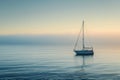 A sailboat with white sails floats on the calm blue waters of the vast ocean, Lone sailboat drifting in calm ocean at dawn, AI Royalty Free Stock Photo