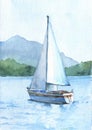 Sailboat with white sails in the lake on the beautiful mountains background.