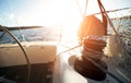 Sailboat with winch and rope on deck Royalty Free Stock Photo