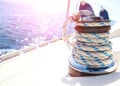 Sailboat winch and rope yacht detail Royalty Free Stock Photo