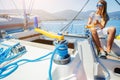 Sailboat winch and rope yacht detail. Yachting Royalty Free Stock Photo