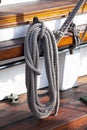 Sailboat wooden marine rigs and ropes. Royalty Free Stock Photo