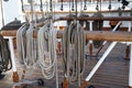 Sailboat wooden marine rigs and ropes. Royalty Free Stock Photo