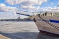 Sailboat Yuny Baltiets' moored at the Lieutenant Shmidt embankment. Royalty Free Stock Photo