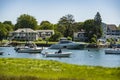 Sailboats anchored in a bay of Maine coast fishing port Royalty Free Stock Photo