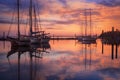 sailboats anchored in a peaceful harbor at dusk