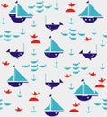 Sailboats with anchors, sharks, fish and sea gulls