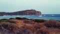 Sailboats in bay, Cape Sounion Temple, Greece