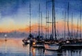 Sailboats in bay at sunset