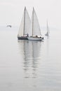 Sailboats calm water fog