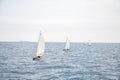 Sailboats, catamaran and surfer sailing near cargo ship of the Mediterranean Sea in Barcelona, Spain