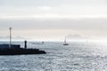 Sailboats and Cies Islands in Galicia at dusk, Spain Royalty Free Stock Photo