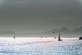 Sailboats and Cies Islands in Galicia at dusk, Spain Royalty Free Stock Photo