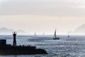 Sailboats and Cies Islands in Galicia at dusk, Spain Royalty Free Stock Photo