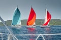 Sailboats compete in a sail regatta at sunset, view throug the ropes, race of sailboats, reflection of sails on water