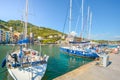 Sailboats dock at the resort village of Portovenere, Italy, along the Ligurian Coast of Northern Italy
