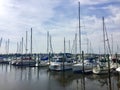 Sailboats docked in the harbor with blue sky background