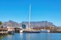 Sailboats docked at a harbor with Table Mountain in the background against blue sky with copy space. Scenic landscape of Royalty Free Stock Photo