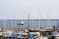 Sailboats docked at the pier with tug boat in background Royalty Free Stock Photo