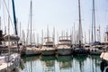 Sailboats, fishing boats and yachts close from overhead