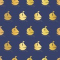 Sailboats gold foil seamless vector background. Summer pattern kids.