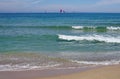 Seascape. Summer, sea, sun, beach, holiday, fun. Sailboats on the horizon - Black Sea, landmark attraction in Romania