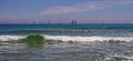 Seascape. Summer, sea, sun, beach, holiday, fun. Sailboats on the horizon - Black Sea, landmark attraction in Romania Royalty Free Stock Photo