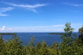 Sailboats and islands on Lake Michigan viewed from Eagle Panorama viewpoint in Peninsula State Park in Door County, Wisconsin