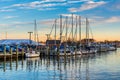 Sailboats in a marina at sunset, in Annapolis, Maryland.