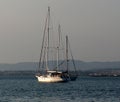 Sailboats Moored Off Ilha De Culatra Portugal