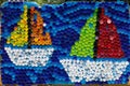 Sailboats mosaic deocoration made of cororful plastic bottle cap