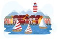 Sailboats near Scandinavian seaside town, vector illustration