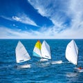 Sailboats Optimist learning to sail in Mediterranean at Denia Royalty Free Stock Photo