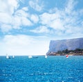 Sailboats Optimist learning to sail in Mediterranean at Denia Royalty Free Stock Photo