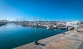 Sailboats & pleasure craft moored. Morning in the harbor of Sant Antoni de Portmany, Ibiza town, Balearic Islands, Spain. Royalty Free Stock Photo