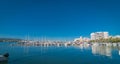 Sailboats & pleasure craft moored. Morning in the harbor of Sant Antoni de Portmany, Ibiza town, Balearic Islands, Spain. Royalty Free Stock Photo