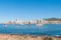 Sailboats & pleasure craft moored. Morning in the harbor of Sant Antoni de Portmany, Ibiza town, Balearic Islands, Spain. Royalty Free Stock Photo