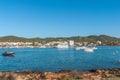 Sailboats & pleasure craft moored. Morning in the harbor of Sant Antoni de Portmany, Ibiza town, Balearic Islands, Spain. Royalty Free Stock Photo