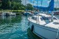 Sailboats and pontoon boats at marina