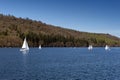 Sailboats racing at a regatta event on Lake Windermere in the Lake District National Park, North West England, UK