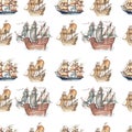 Sailboats, sailing ships, sea, travel. Hand drawn watercolor illustration.