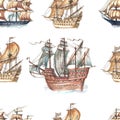 Sailboats, sailing ships, sea, travel. Hand drawn watercolor illustration.