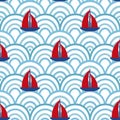 Sailboats at sea, kids illustration. Wavy background. Royalty Free Stock Photo