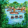 Sailboats in the sea. Small sea lagoon. Oil on canvas.
