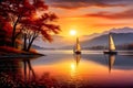 Sailboats on a serene lake at sunset, surrounded by autumn foliage and mountains