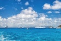 Sailboats, ship and boat sail in blue sea on cloudy sky in gustavia, st.barts. Sailing and yachting adventure. Summer vacation on